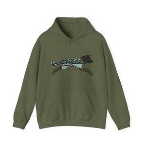 Front view of unisex Alaskan Sled Dog Hooded Sweatshirt in military green color.