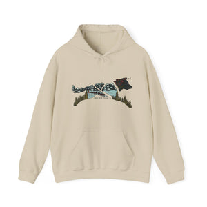 Front view of unisex Alaskan Sled Dog Hooded Sweatshirt in sand color.