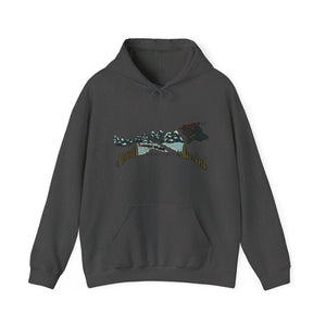 Front view of unisex Alaskan Sled Dog Hooded Sweatshirt in Dark Heather color.