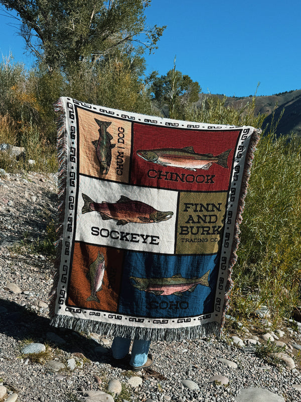 Rustic Salmon Fishing Patch Woven Blanket